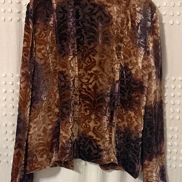 SUNDANCE Velvet Burnout Open Front Jacket in Brown & Purple - Picture 6 of 7